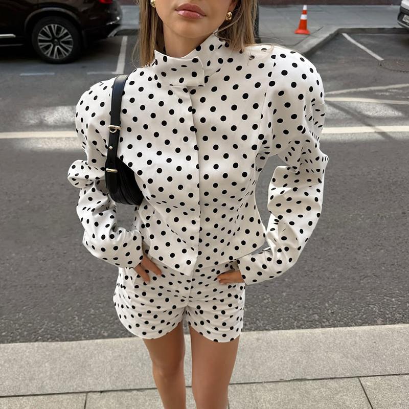 2 Piece Sets Polka Dots Print Suits Women Commute Long Sleeve Coat Female Shorts Sets Casual 2 Piece-Set Shorts Outfits 2026 Spring