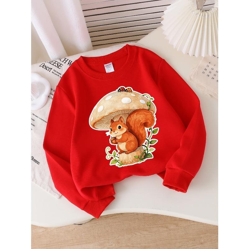 European sizes Girls' Soft Crewneck Sweatshirt Cute Squirrel Mushroom Ladybug Print, Casual All-Match, Ideal Holiday Present