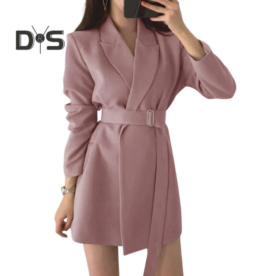 

Женский пиджак с лацканами, длинным рукавом, поясом, пиджаком с боковыми карманами, однотонный, свободный крой, офисная женская верхняя одежда M розовый