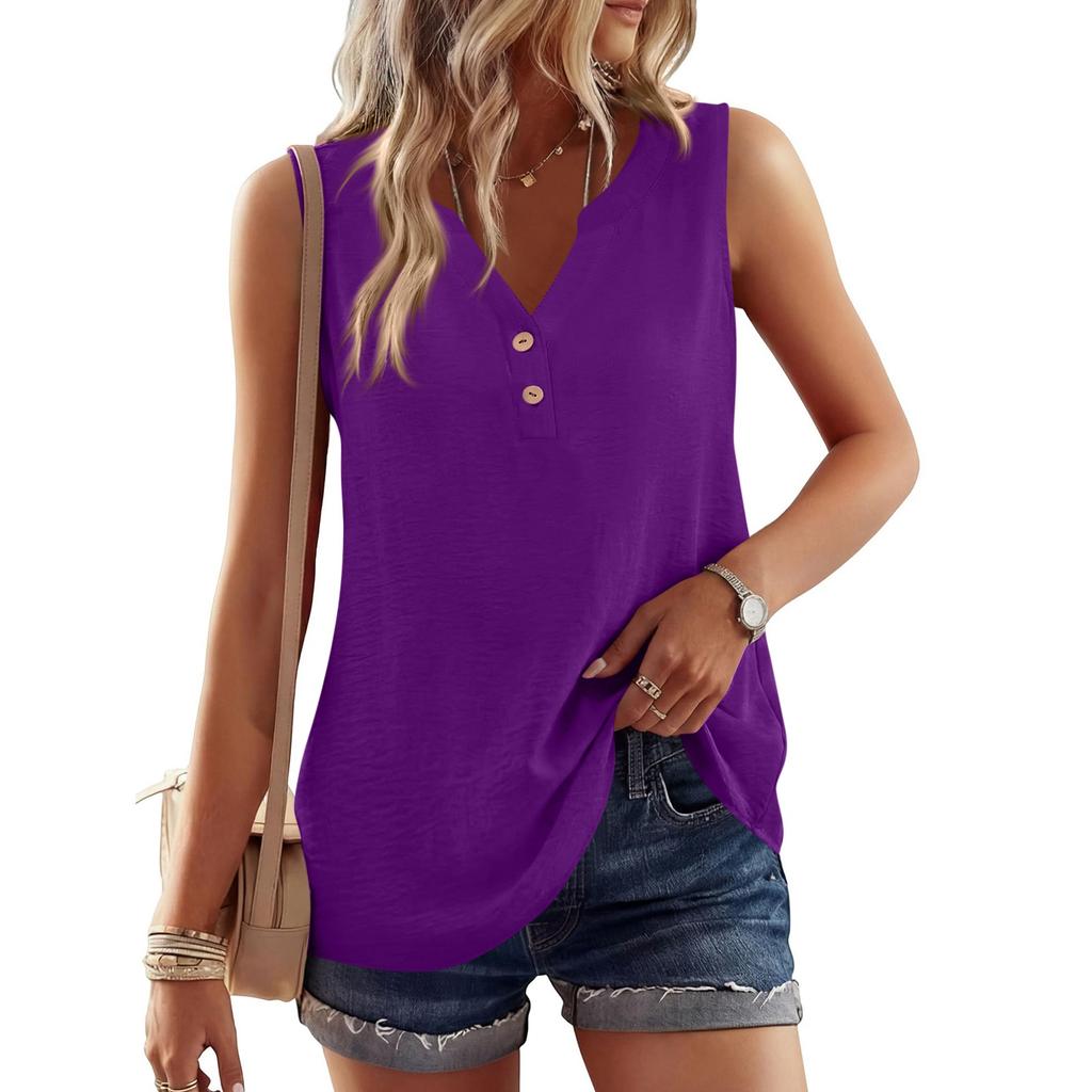Women's Casual Fashion Button-Up Round Neck Sleeveless T-Shirt Vest