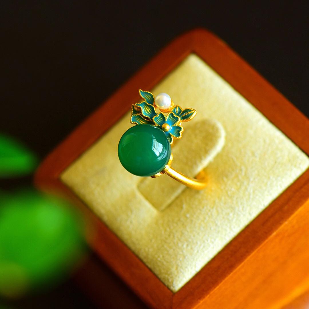 

Позолоченное серебро 925 пробы Кольцо с цветком из зеленого халцедона – Нефритовый открытый дизайн с холодной эмалью Adjustable Open