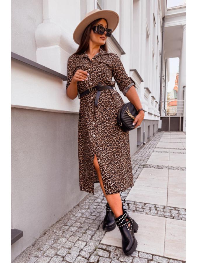 Large Leopard Print Long Sleeve Shirt Dress