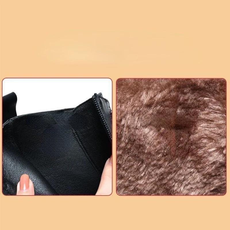 Fashion Casual Chelsea Snow Boots Women 2024 Winter New Designer Mid Heels Platform Ankle Shoes Warm Fur Motorcycle Autumn Leather Black