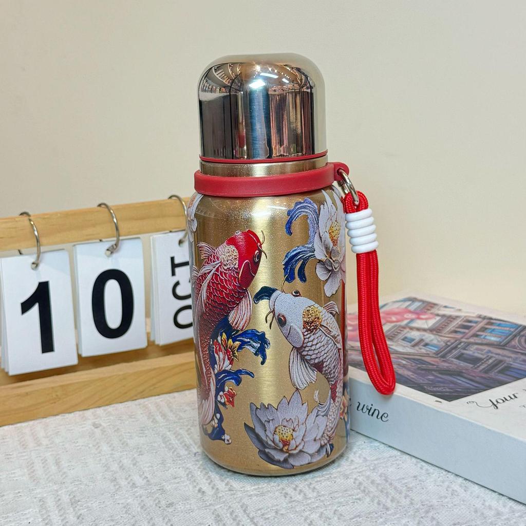 Large Capacity Rose Peony Retro Thermos Cup with Lanyard and Tea Separator