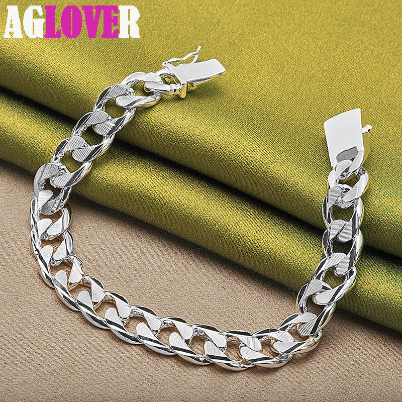 925 Sterling Silver Sideways 10mm Chain Square Buckle Bracelet Jewelry