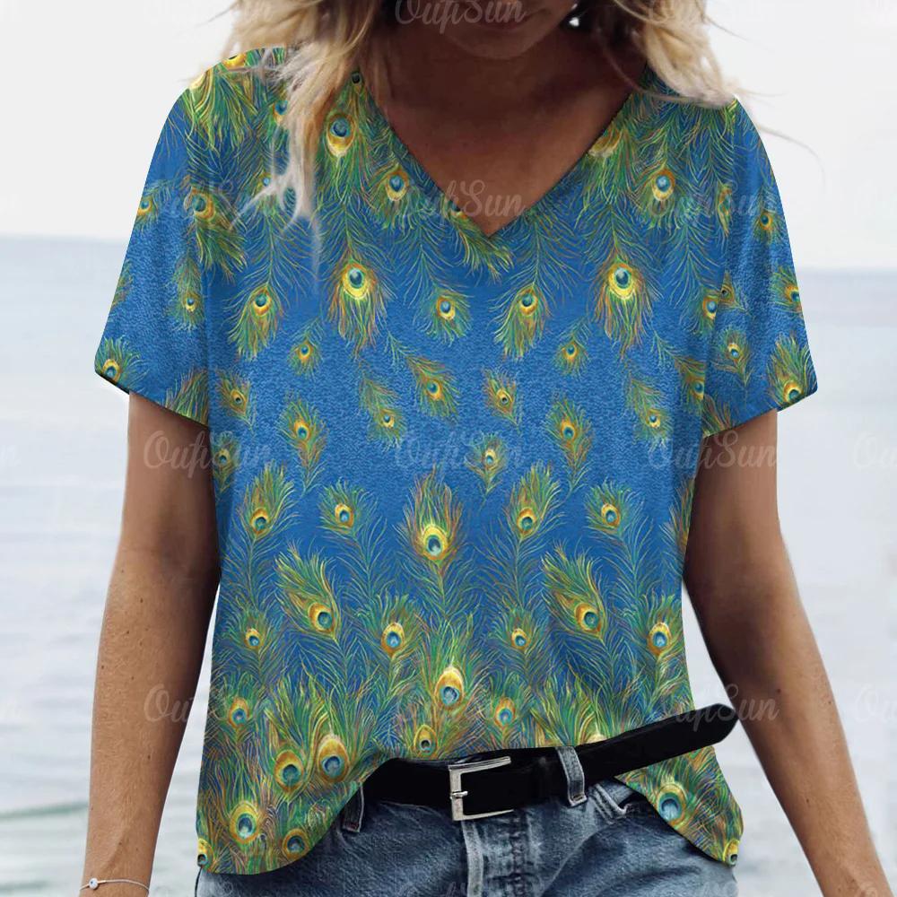 Summer Hot Selling New 2025 Women T-shirt Peacock Feather V-neck T-shirt Printed Women Printed T-shirt Comfortable T-shirt