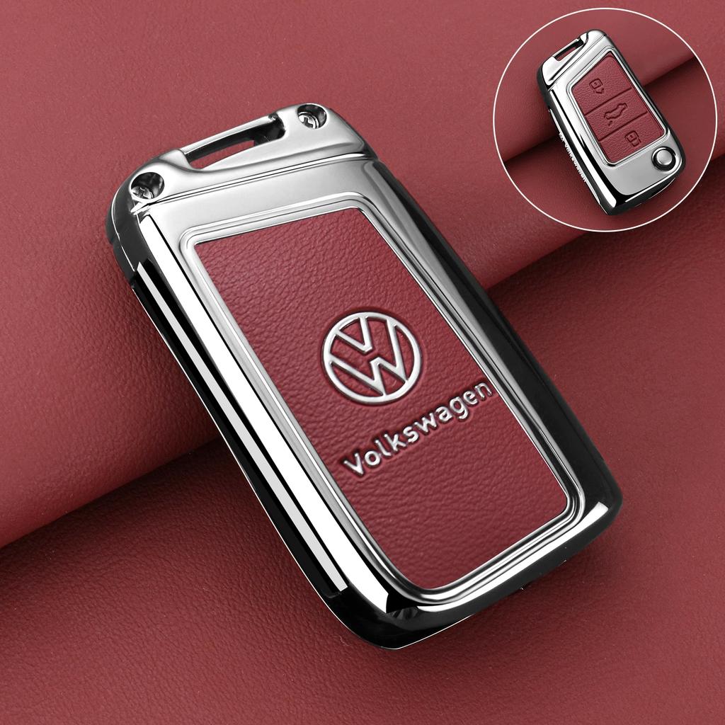 For VW Zinc Alloy Leather Car Key Case Protection Cover Shell Fob for VW Volkswagen Golf 7 MK7 Tiguan MK2 T-roc T-cross Access