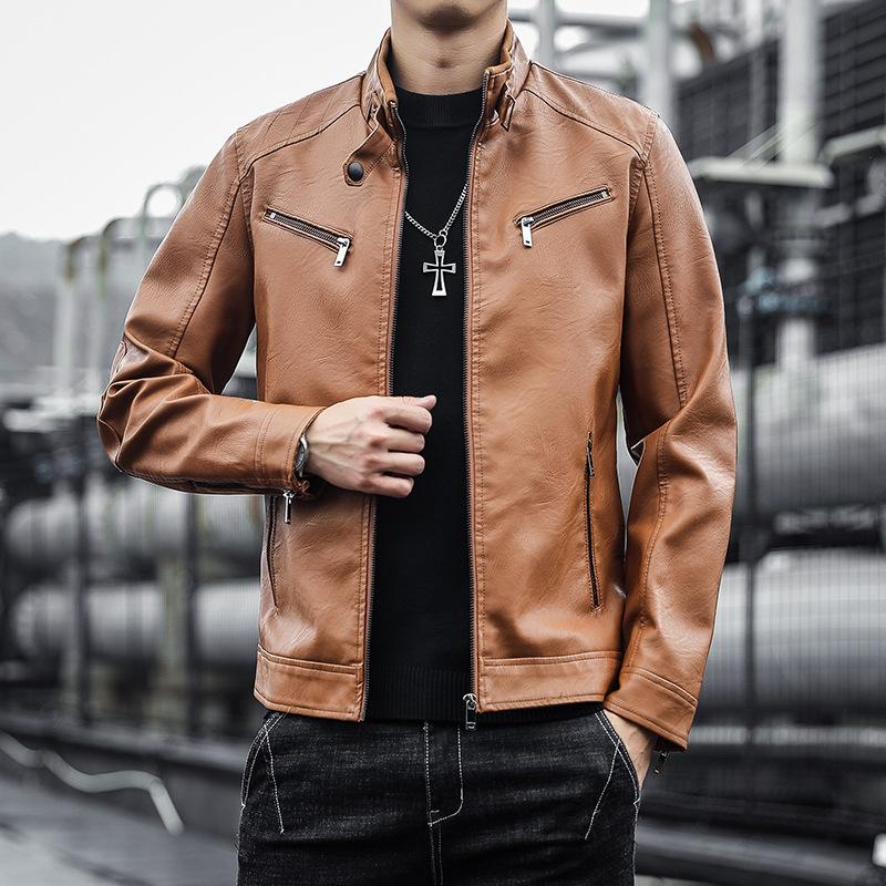 Men's Stand Collar Leather Jacket Autumn and Winter New Tops Men's Velvet Thickened Work Jacket