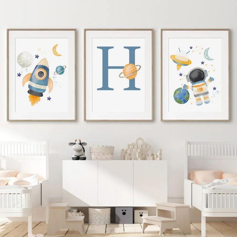 Rocket Astronaut Planet Outer Space Baby Name Custom Wall Art Canvas Painting Nordic Cartoon Prints Posters for Kids Room Decor