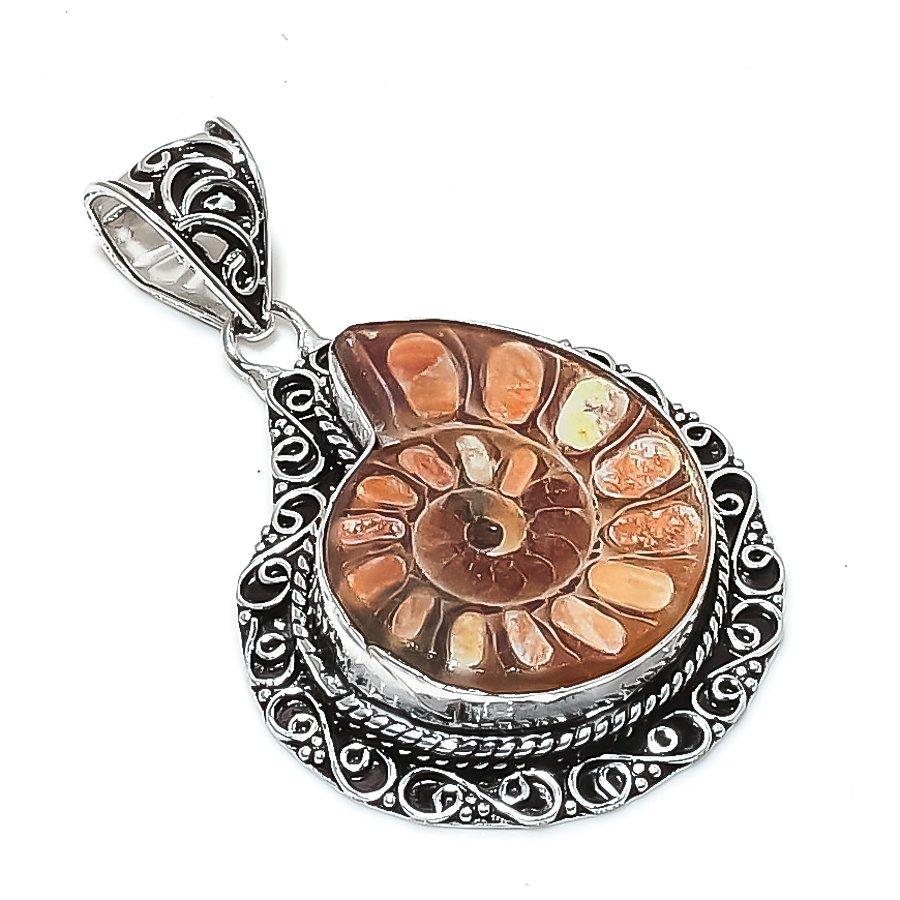 Natural Ammonite Fossil Gemstone 925 Sterling Silver Jewelry Pendant 2.17  ETC-14005