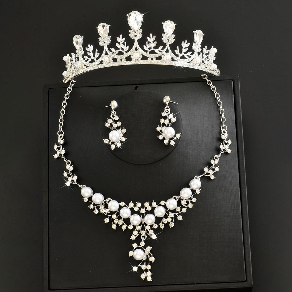 Bridal Necklace Earrings Set Chain Wedding Necklace Accessories Crown Necklace Earrings Three-Piece Wedding Bridal Headdress