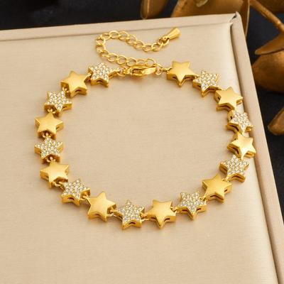 Gold Plated Reversible Star Charm Bracelet with CZ Pave, Chunky Adjustable Chain for Women, Y2K Streetwear Jewelry
