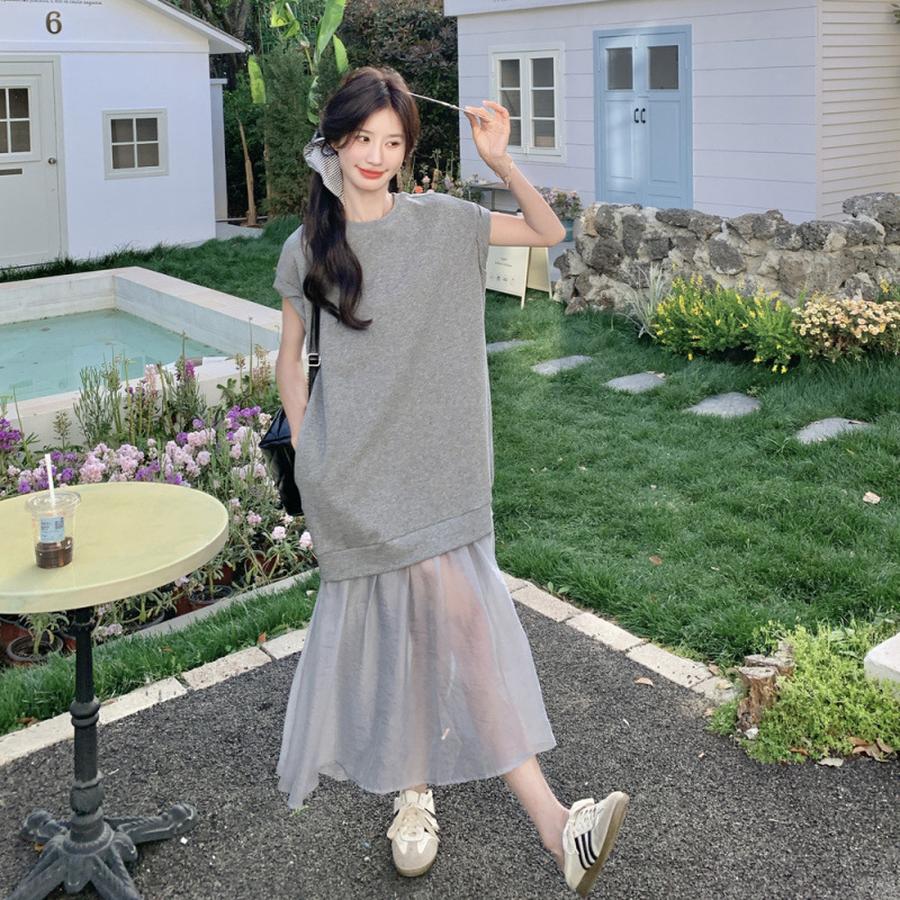 

Korean Style Short Sleeve Patchwork Mesh Net Sleeve Loose Long Tulle Dress XL чорний