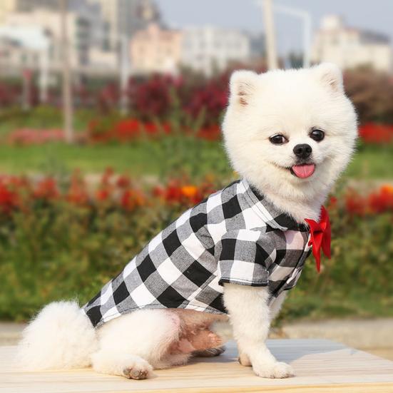 Pet T-Shirt Plaid Printing Bow-knot Decor Polyester Turndown Collar Dog Costume Shirt for Daily Life