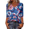 Women's Fashionable Casual Independence Day American Flag and Stars Print V-Neck Three-Quarter Sleeve T-Shirt Top