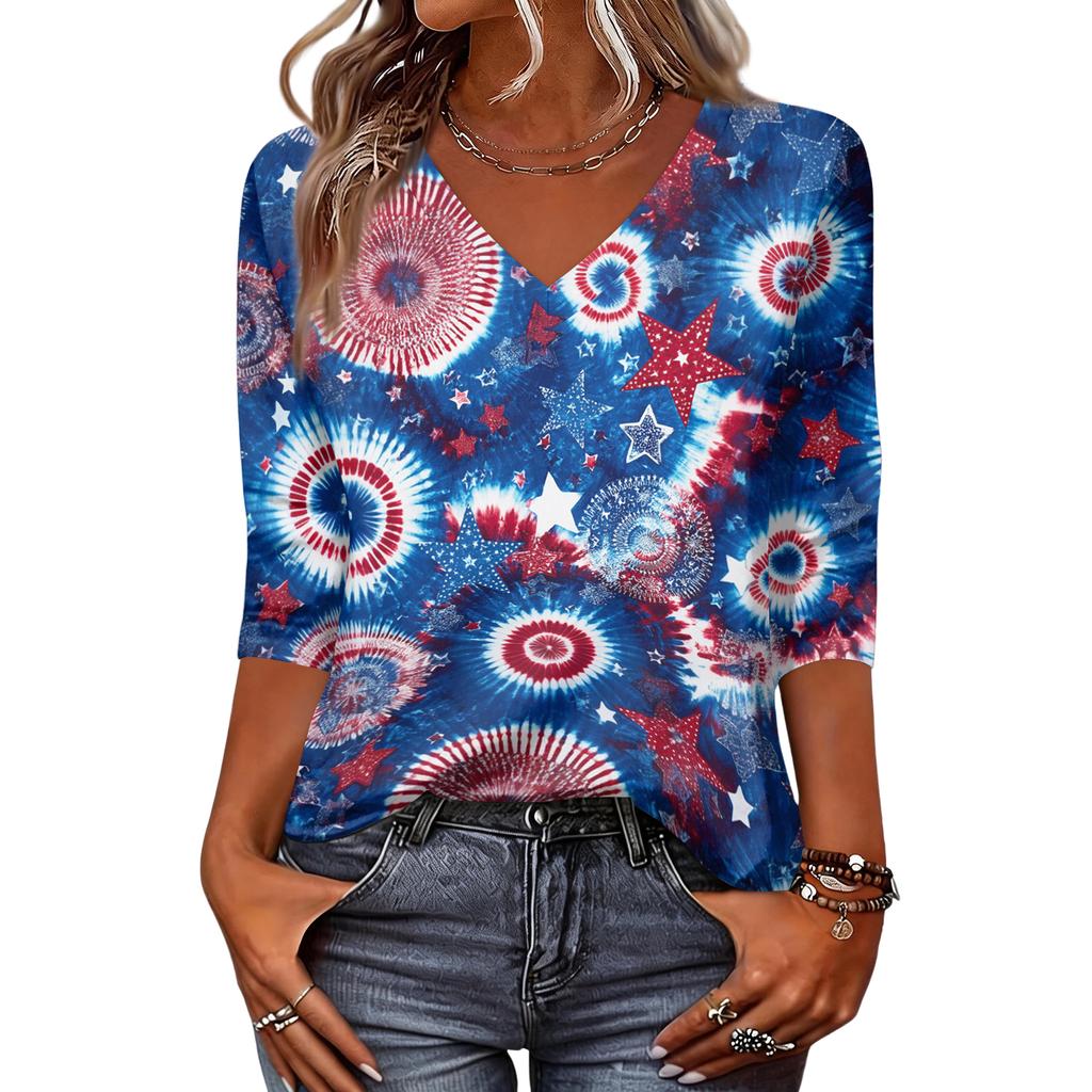 Women's Fashionable Casual Independence Day American Flag and Stars Print V-Neck Three-Quarter Sleeve T-Shirt Top