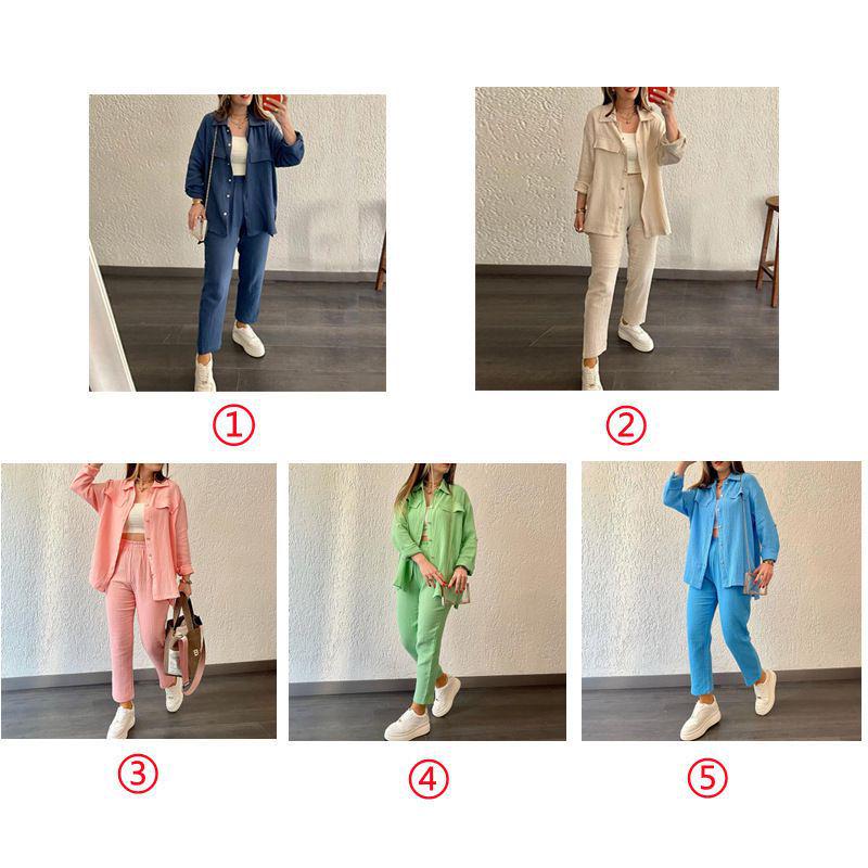 2024 Plus Size Women's Casual Crepe Loose Lapel Long Sleeve Shirt Set - European & American Style