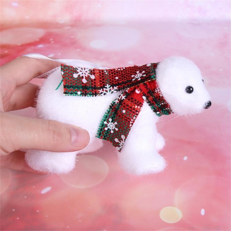 Plush White Bear with Scarf Ornaments Christmas Doll Pendant for Christmas Tree Home Decorations Cartoon Pendants Gift