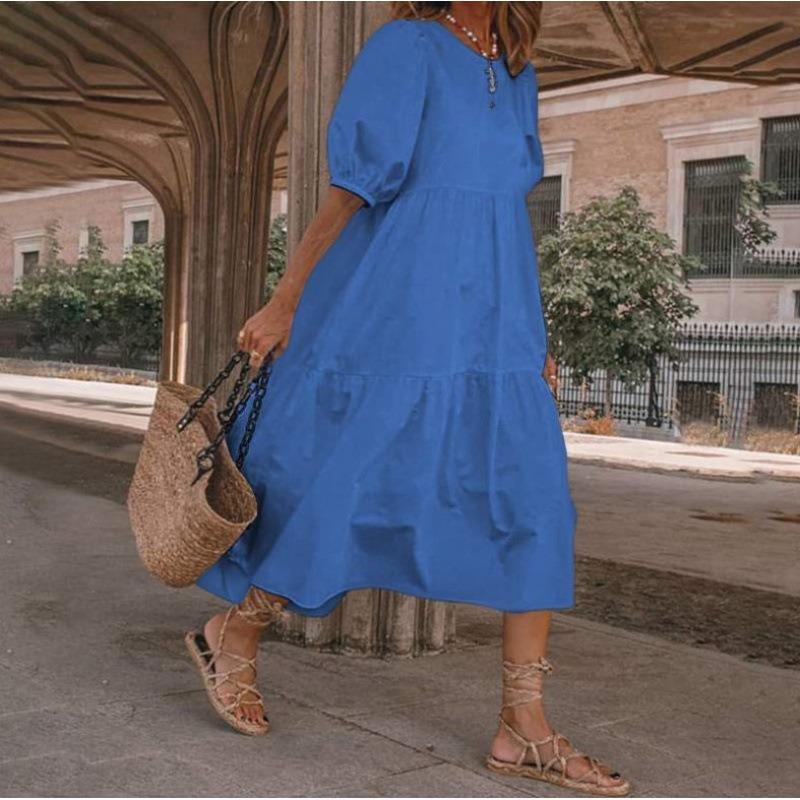 QICED Fashion Summer Spring Solid Color Print Short Sleeve O-Neck Casual Dresses