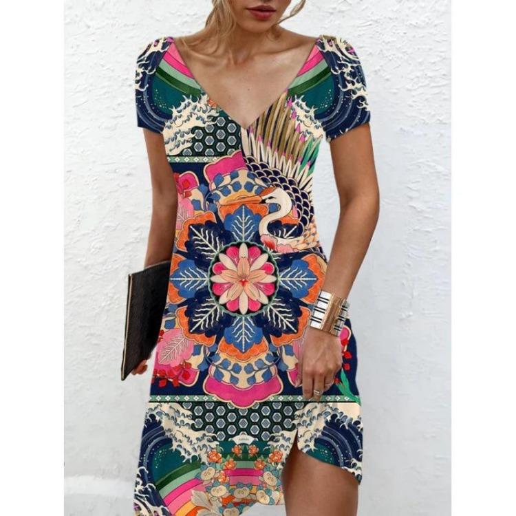 Floral Print Casual Dress Women Summer Spring Short Sleeve V Neck Fashion S