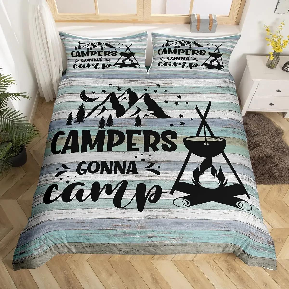 

Rustic Farmhouse Style Duvet Cover Set 2/3 Pcs Old Barn Door Comforter Cover Happy Camper Print Black Sketch Drawing Quilt Cover 70x133cm 2pcs