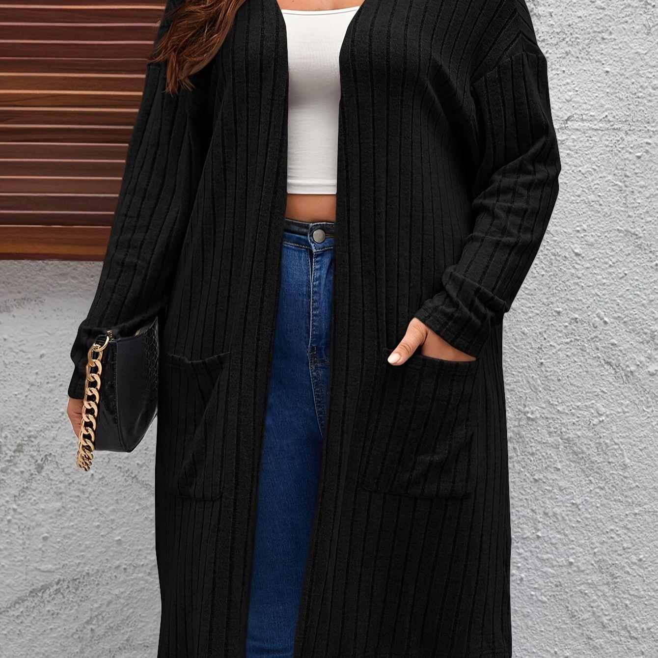 

Plus Size Women s Ribbed Knit Long Cardigan with Pockets 1XL чорний
