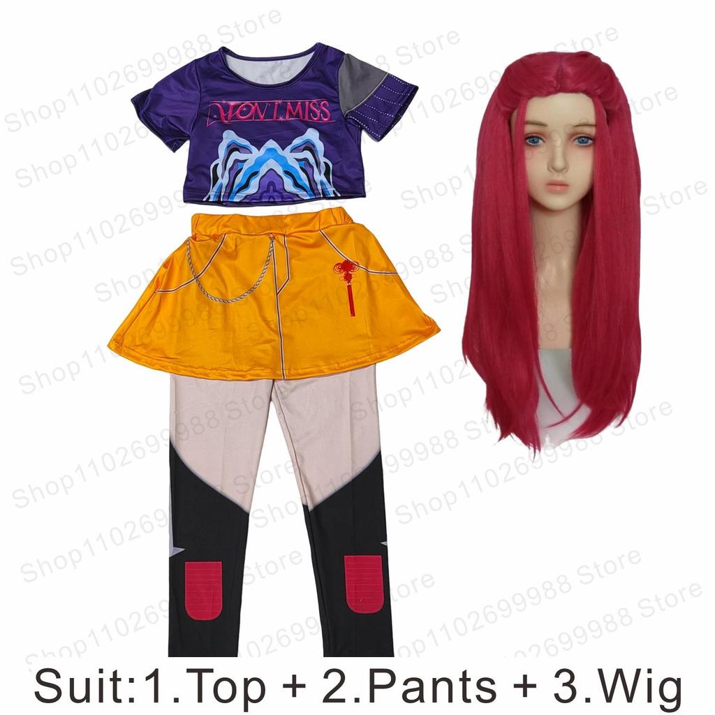 Neues K-Pop Dämonen-Thema Mira Hunters Cosplay Kostüm mit Perücke Zweiteiliges Set für Mädchen Halloween Karneval Party Auftrittskleid