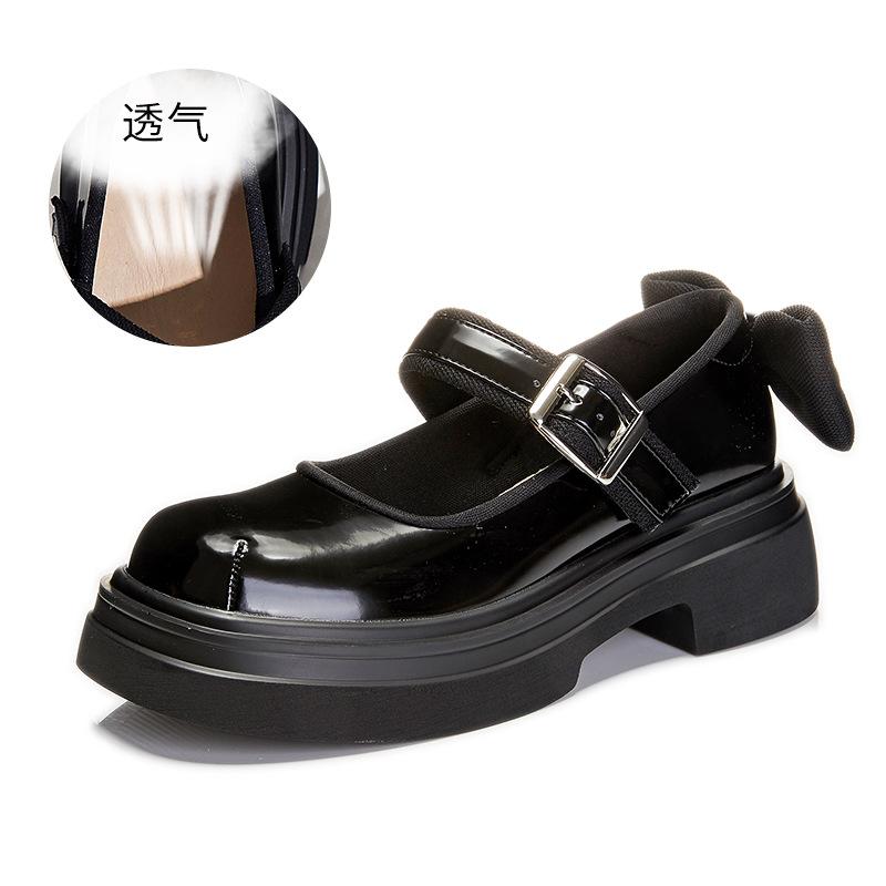 Bow Mary Jane shoes women's 2025 spring new thick heel shallow mouth small fragrant single shoes women's round head buckle women's shoes