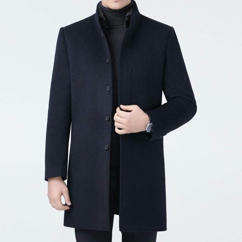 Long Wool Double-sided Woolen Coat for Middle-aged Men with Stand-up Collar and Removable Down Liner for Dad, Large Size Woolen Coat