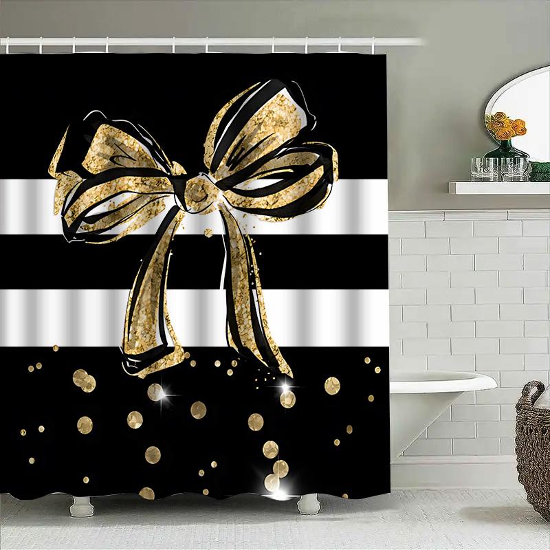 Stylish Black and Gold Shower Curtain with Bow Design - Waterproof Heat Resistant Machine Washable Bathroom Decor  Easy-Clean