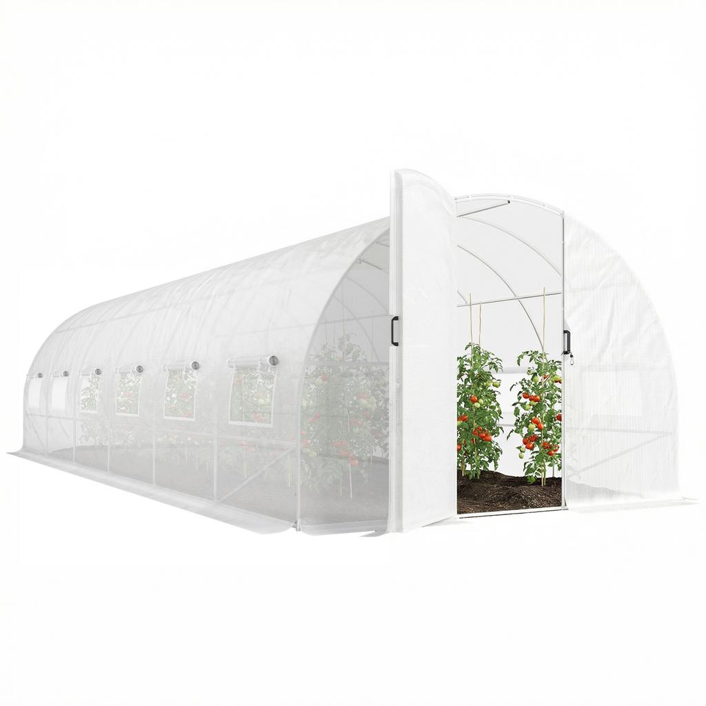Garden tunnel greenhouse 24m², garden tunnel greenhouse with doors and 12 windows with insect screens, 295x798x199cm, white