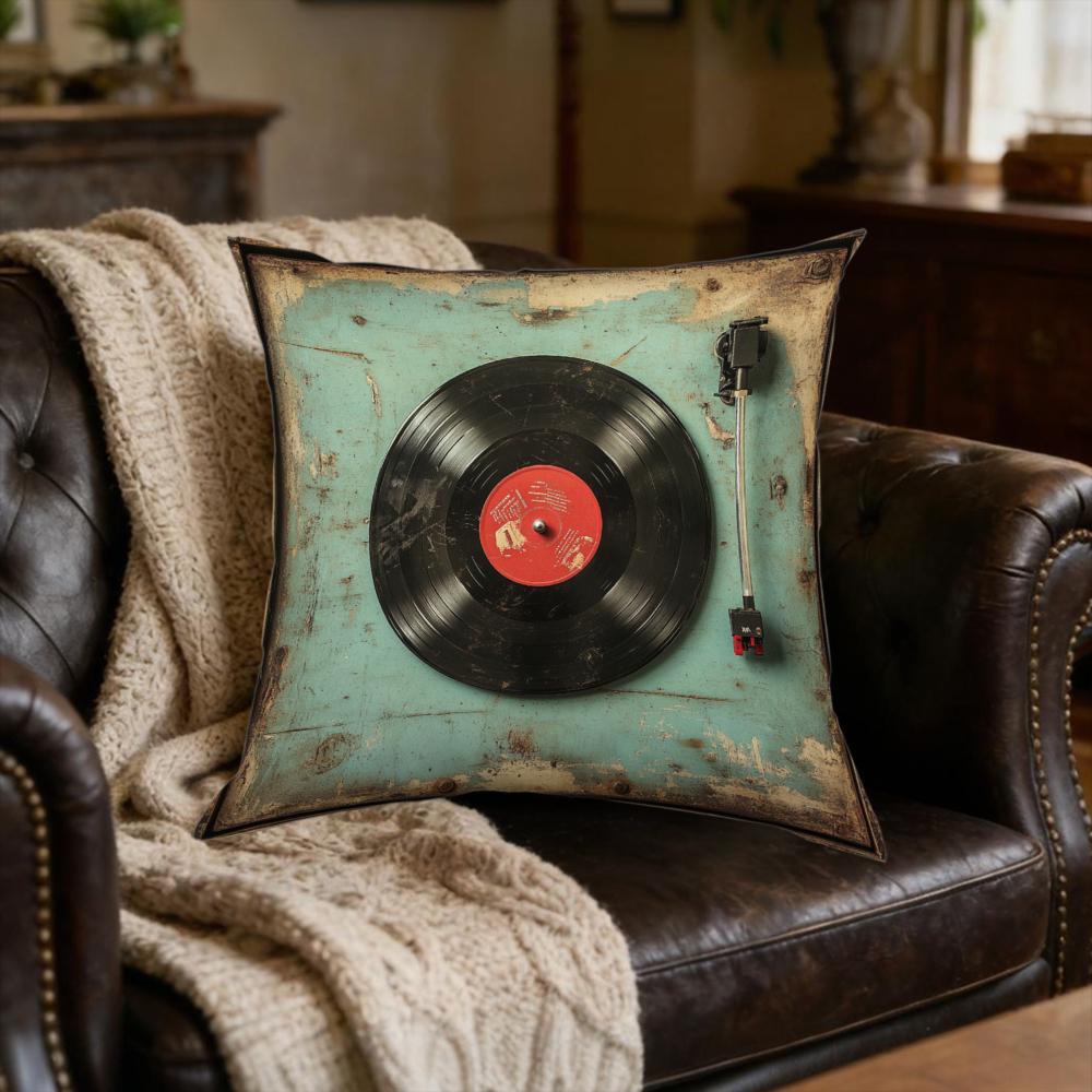 1Pc Vintage Retro Vinyl Record Player Cushion Cover Teal Blue Distressed Texture Pillowcase For Living Room Sofa Bed Decorative