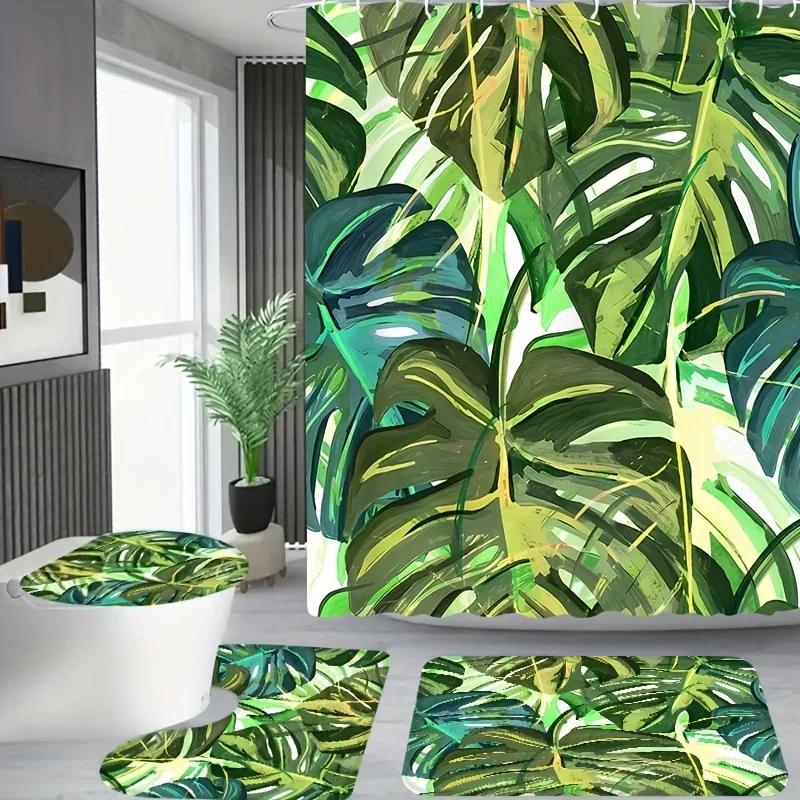 4pcs, Tropical Greenery Pattern,Apartment Bathroom, Shower Room Shower Curtain, Hotel Shower Curtain Set, with 12 Hooks