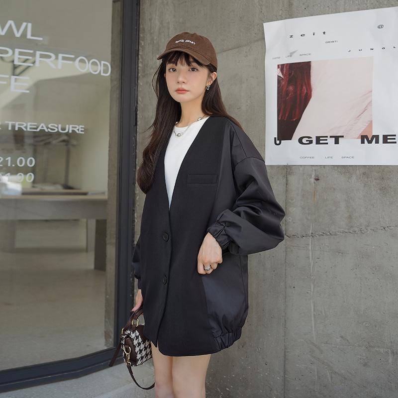 

Женская новая свободная повседневная куртка большого размера, женский дизайнерский контрастный кардиган с V-образным вырезом, пиджак XL чёрный