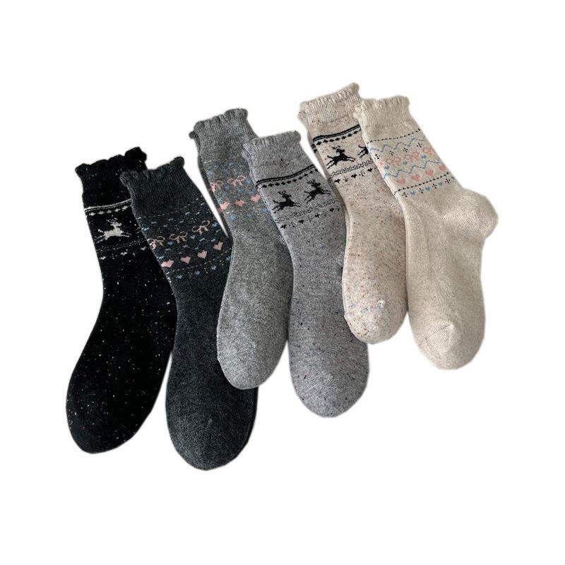 Fall/Winter Wool Socks - Fel Island Elk Warm Mid-Calf Socks - Bowknot Heart Retro Style Thick Socks - Children's