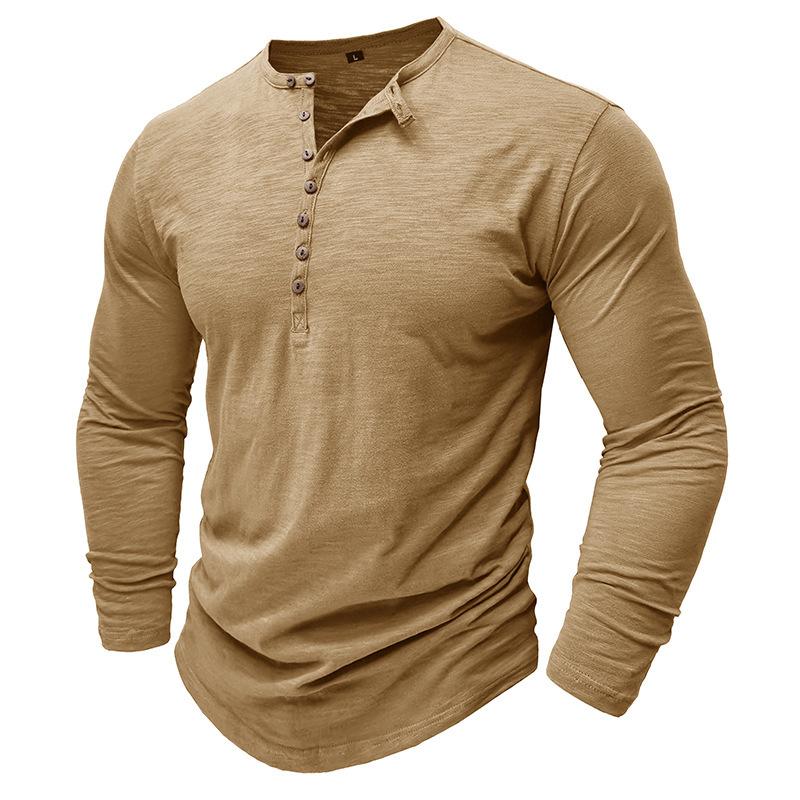 Nuove T-shirt Henley da Uomo di Alta Gamma in Cotone Autunnali Moda Colore Unico Manica Lunga Casual con Bottoni