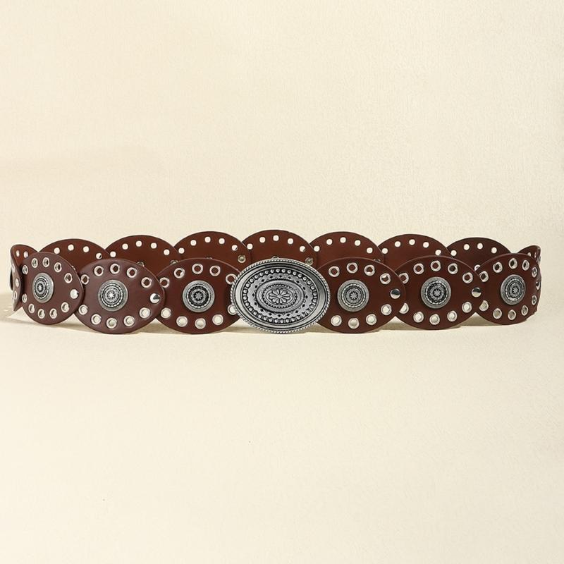 Oval Eyelets Belt for Women Bohemian Style Waist Belt Hollowed Out Wide Belt for Teens Girls Female Western Cowboy Belt
