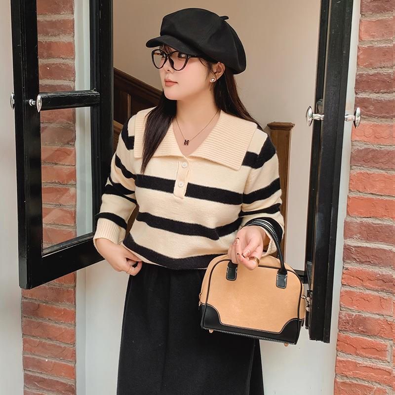 Women's Plus Size Lapel Long Sleeve Striped Shirt Autumn and Winter Loose Knitwear