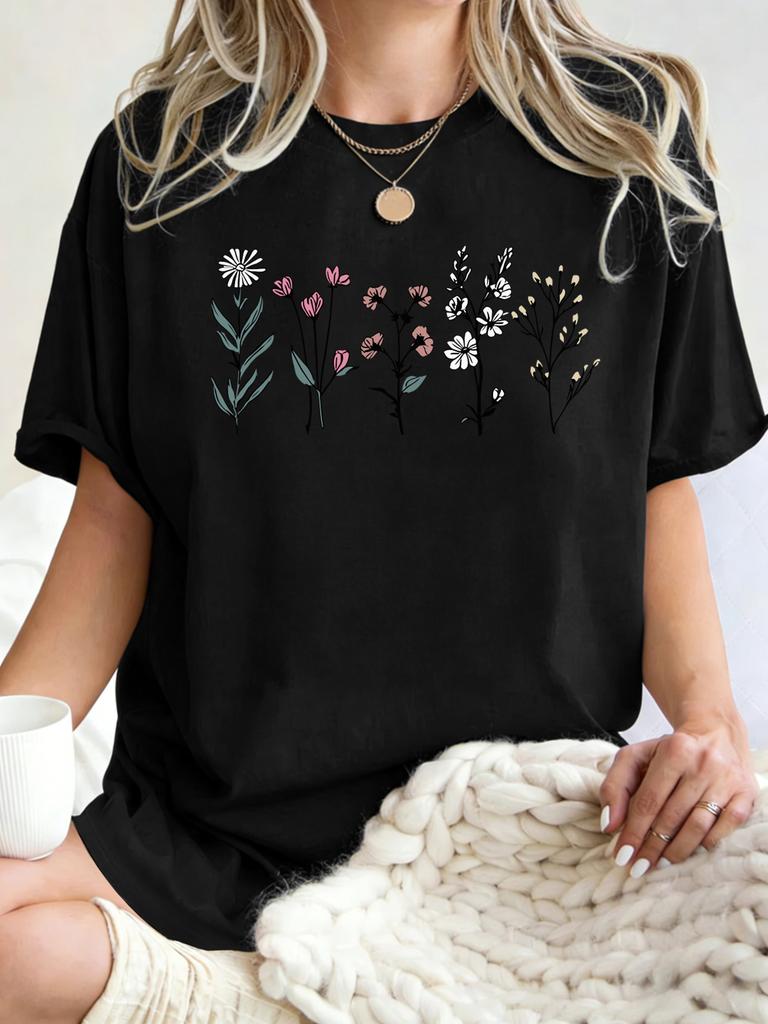 Beautiful Flowers Printed TShirt2026 Unisex Pure Cotton Loose T ShirtsY2K Streetwear AllMatch Summer Clothing Comfortable