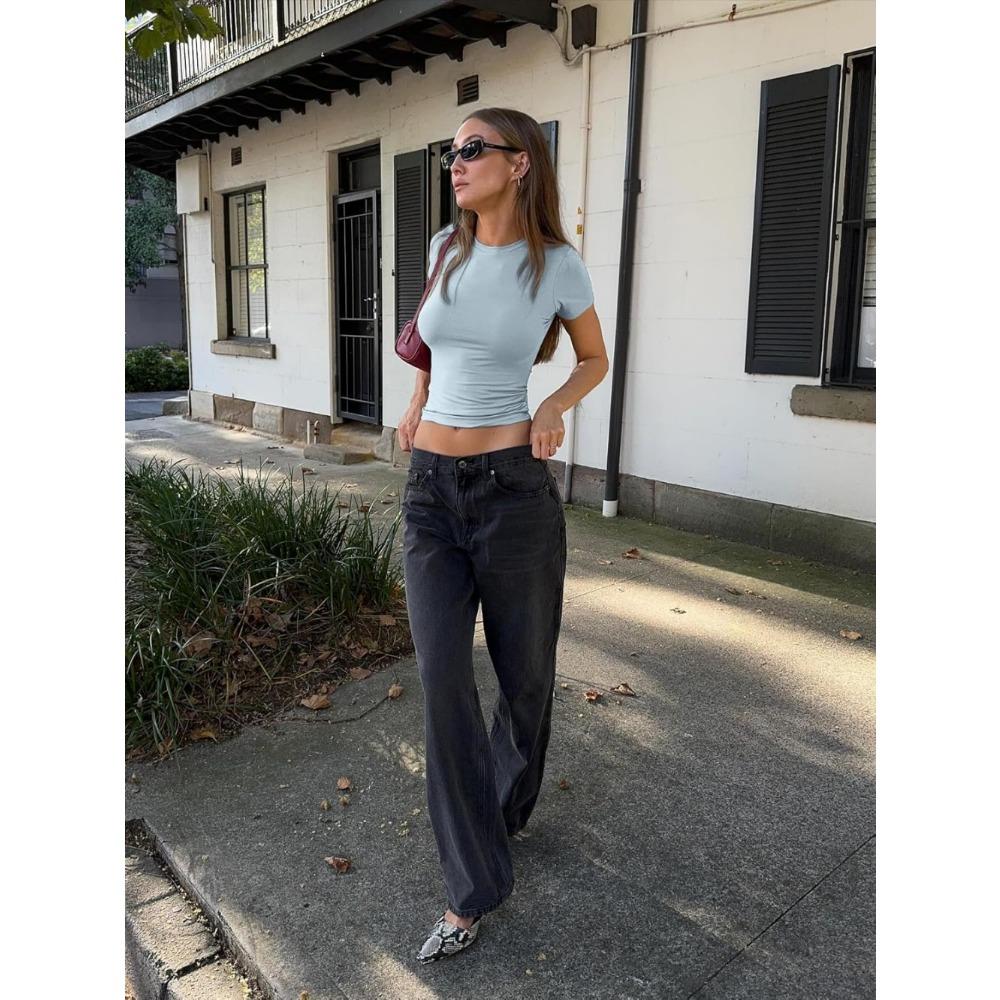 Womens Tops Trendy Basic Crew Neck Short Sleeve T Shirt Slim Fit Cute Crop Top Shirts Casual Women Summer Clothes