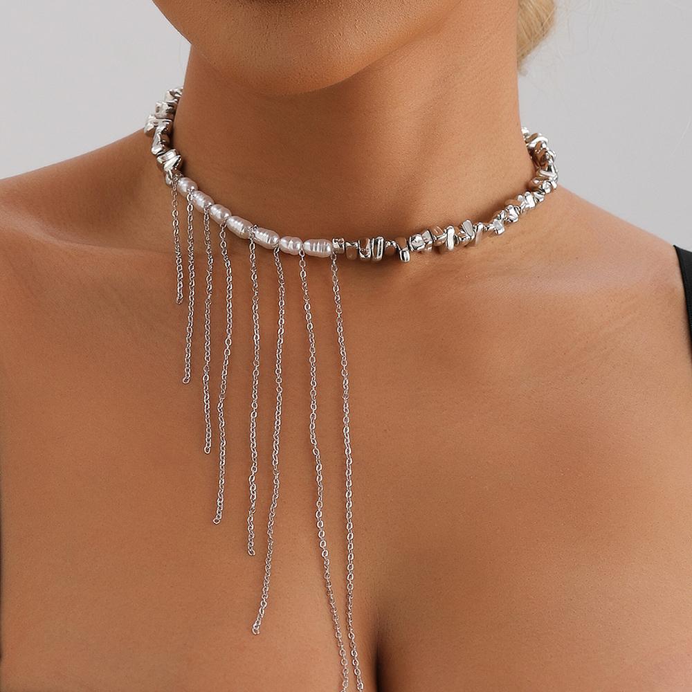 Wedding Party Jewelry Irregular Imitation Pearl Choker Necklace for Women Tassels Chain Gift