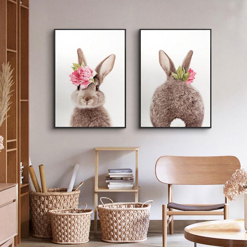 Flower Bunny Poster Rabbit Nursery Wall Art Canvas Painting  Animals Print Posters Nordic Wall Pictures for Baby Room Decor