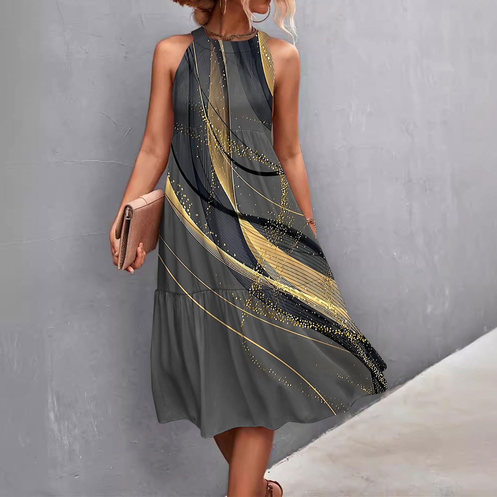 

Жіночі літні без рукавів суцільні кольори з друкованими вільними зрощеннями повсякденні пляжні сукні з висячими горловинами XL світло-сірий колір