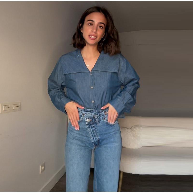 Casual Denim Solid Color Shirt Women Long Sleeve Peter Pan Collar Button Shirts Lady 2025 Spring Summer Loose Single Breasted Outwear