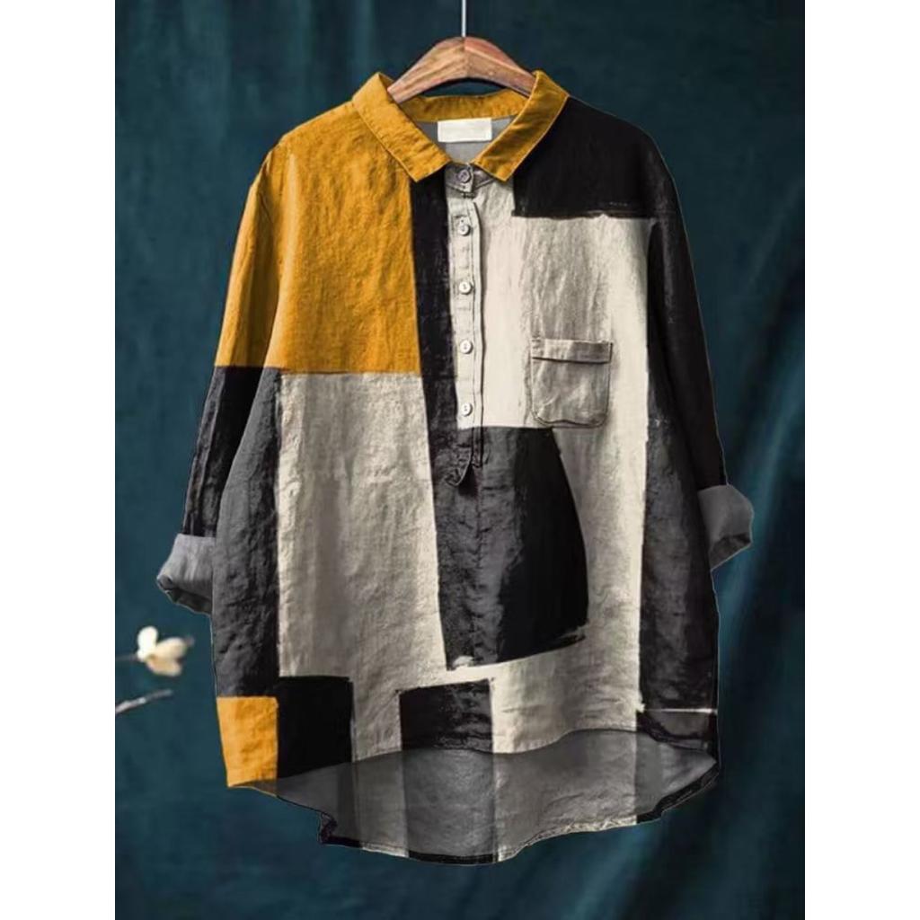 Ladies' Casual Loose Fit Floral Printed Button Up Shirt -Fish School Pattern