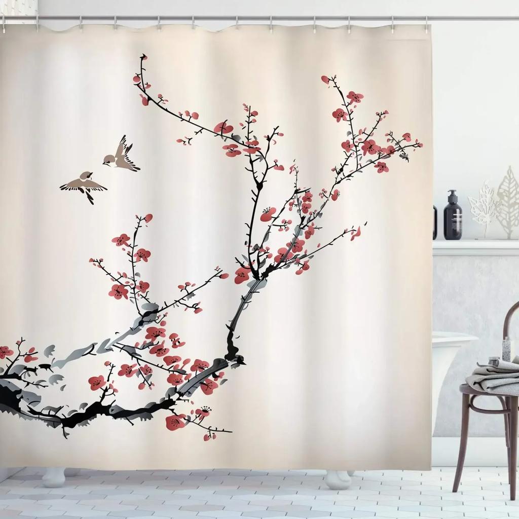 Pink Cherry Blossom Peach Blossoms Shower Curtain Set Flowers White Background Girl Bathroom Polyester Cloth Screen 12 With Hook