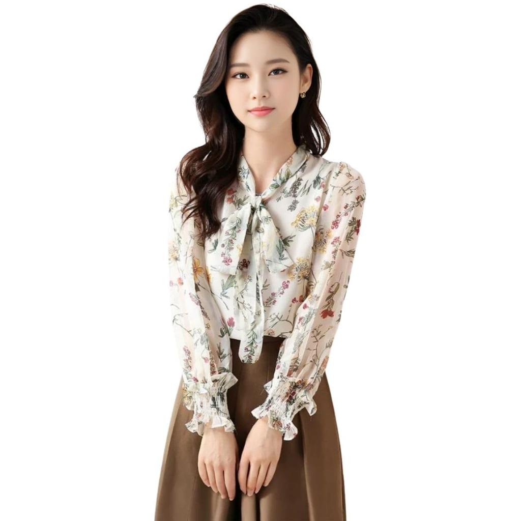 Floral Bowtie Puffy Gathered Long J-Scott Blouse, Chiffon, Sleeves, Cuffs, Lined, Sleeves, Feminine, White, JS76-WH-M