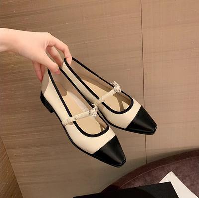 Sheepskin Version~ Sweet and Pretty Love One-word Buckle Diamond Belt Color Matching Xiaoxiang Mary Jane Shoes Women's Genuine Leather Flat-soled Sing