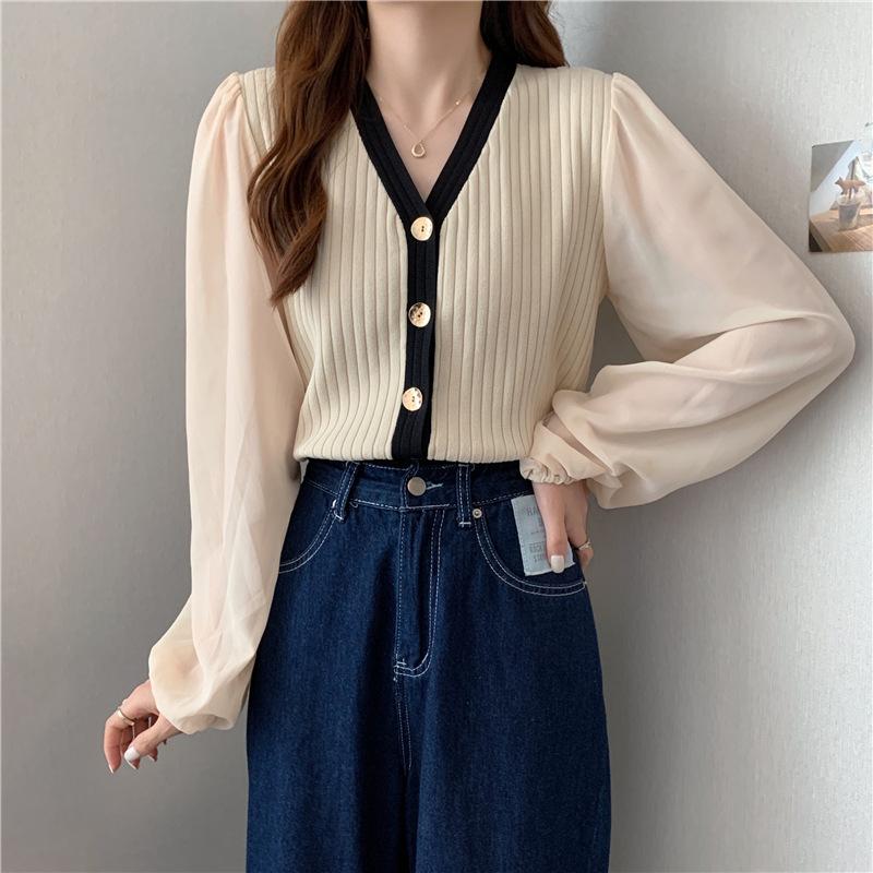 Autumn Winter Loose Casual V-neck Cardigan Sweater Women Long Sleeve Chiffon Patchwork Knitting Coat Top