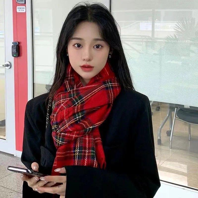 Red Plaid Warm Tassel Atmosphere Scarf Birthday Christmas Gift Winter Versatile Student Couple Shawl Women